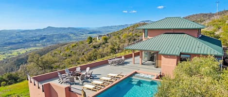 Overhead shot of pool and large deck