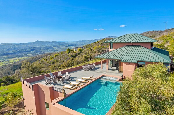 Overhead shot of pool and large deck