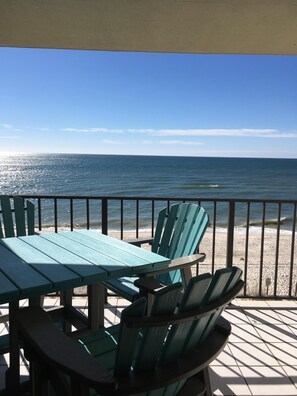 Balcony/patio looks directly over the beach.  No obstructed view.