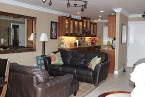 Living Room, Cozy and Comfy while looking out a picture window over the ocean.