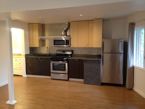 newly renovated kitchen with full-sized, stainless steel appliances