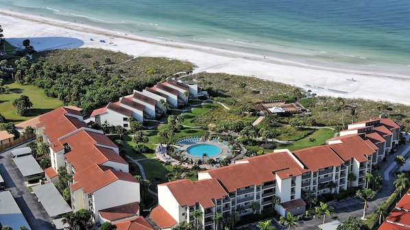 Aerial view of Siesta Dunes- right on Crescent Beach.