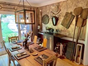 Farm House Chic Dining Room that includes a 110 year old butcher's table.