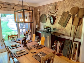 Farm House Chic Dining Room that includes a 110 year old butcher's table.