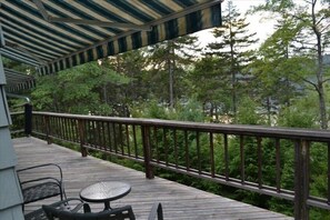 On the full rear deck overlooking the Sheepscot River