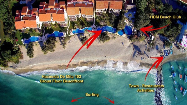 Beachfront Ground floor unit right next to town and beach club.