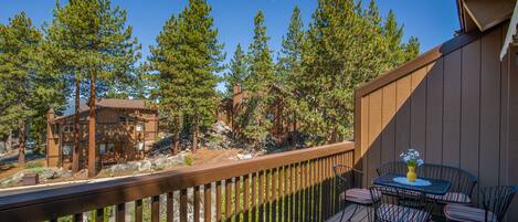 Our Deck facing the lake with bbq pananramic wide views, table, chairs  bench