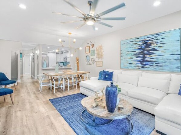 Expansive open concept living area showcasing the villa’s oceanfront luxury.