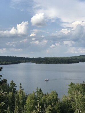 View of boat on lake from deck.