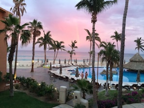 A beautiful sunset looking down from condo balcony.