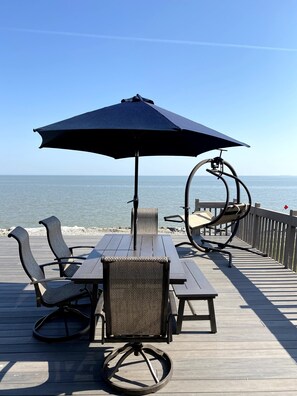 Enjoy dining outside with expansive lake views.