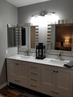 Renovated master bath with double sinks 