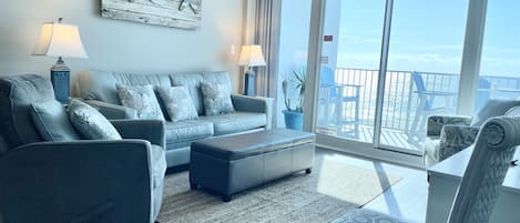 Living room with view of beach