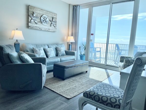 Living room with view of beach