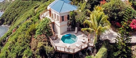 Aerial view with pool and deck