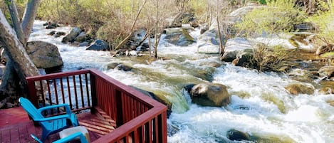 Relax on the river deck!!! 
A short walk down our trail to river access