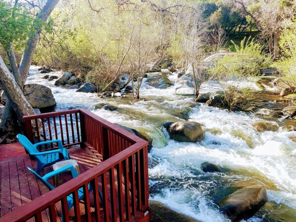 Relax on the river deck!!! 
A short walk down our trail to river access