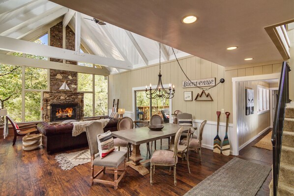 Cozy great room with floor to ceiling fireplace!