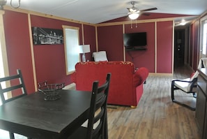 Standing in kitchen looking at living room area