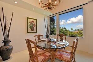 Dining room has large window with ocean view