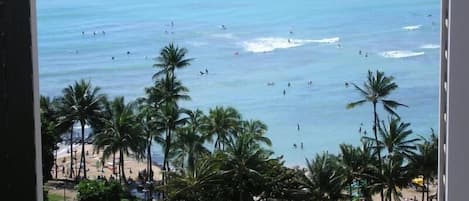 View of Waikiki Beach from the large lanai (balcony)
