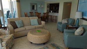 Living room with large sofa and three comfortable chairs, new in Sept., 2019.