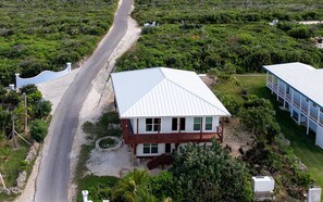 Pirate's place with the brown balcony and stairs.  Aerial view from Baker's Bay.