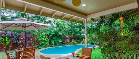 Lush backyard with pool and patio