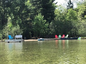 dock, sundeck, chairs, paddle boats, canoe, kayaks!