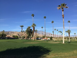 Patio view of our Omni Rancho Las Palmas golf course and mountains