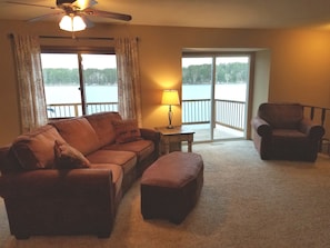 Cozy living room with views of the lake