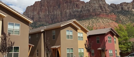 The townhomes are near the bend in the road