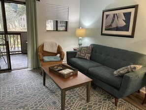 Stylish living room with view to screen porch