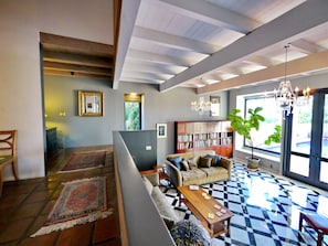 Above living room with pool on far right. Many books on many subjects.