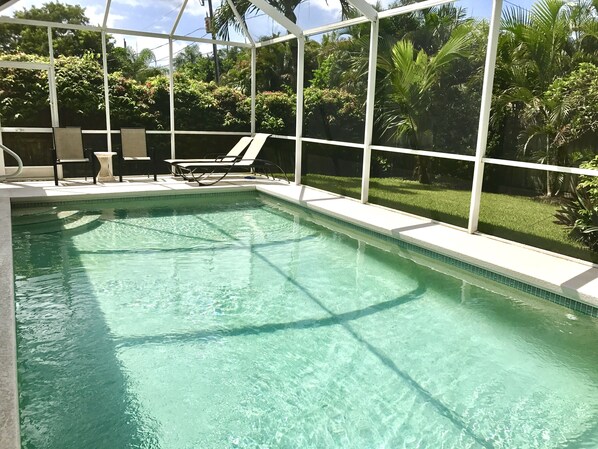 Heated saltwater pool completely surrounded by tropical foliage for privacy.