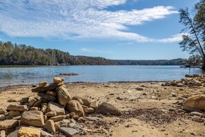 Shallow shoreline will have a beach in some seanons and plenty of river rock.