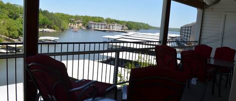 View from the fully furnished deck out toward the cove and main channel.