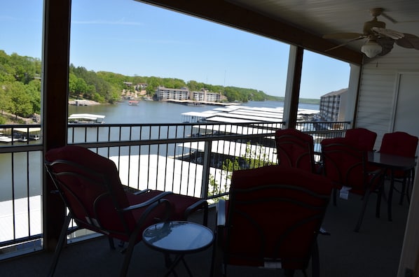 View from the fully furnished deck out toward the cove and main channel.