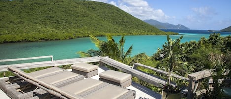 The view from the deck across to the National Park, with Tortola in the distance