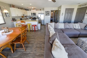 The living room, kitchen and dining area!  