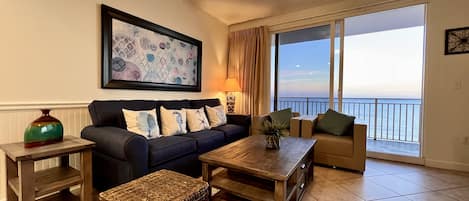 Open floor plan with ocean views in most areas of the unit.