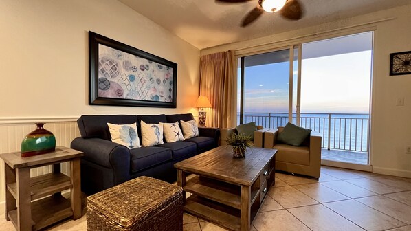 Open floor plan with ocean views in most areas of the unit.