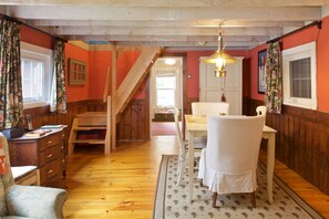 View from the fireplace, Dining table seats 6 and stairs to bunkroom above