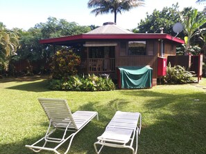 Lawn lounge chairs, an outdoor shower. a lanai, and a washer-dryer (under cover)