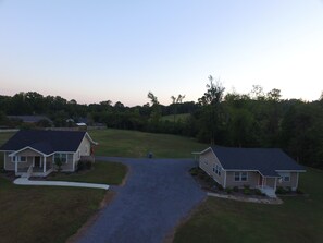 Aerial view of Creek Side Cabins--Angler's Way (Left) & Big Fish Cabin (Right)
