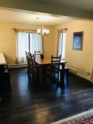 Large dining room, open to the kitchen and living room. Table extends to seat 10
