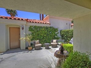 Courtyard patio with fountain, BBQ and seating. Great in the afternoons