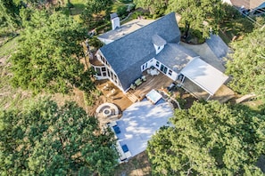 Aerial view of house and backyard. 