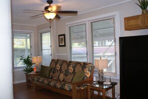 Front living room with Queen futon sofa sleeper