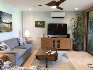 Living room with 55” tv, pullout sofa bed with 8” mattress & slider out to lanai